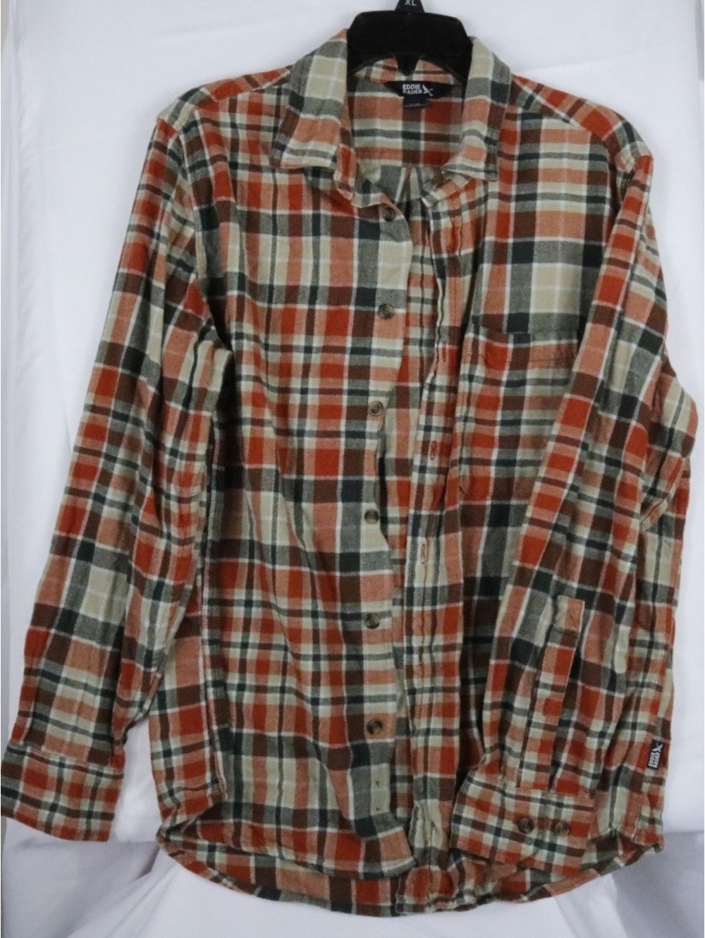 Eddie Bauer Flannel Shirt Mens M Orange Gray Plaid Pocket Button Up Cotton